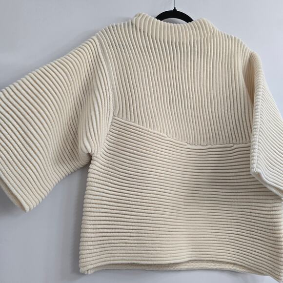 NWT Women's Cream Ribbed Sweater Wool Blend Mock Neck M Minimalist Cozy Neutral - Picture 2 of 8